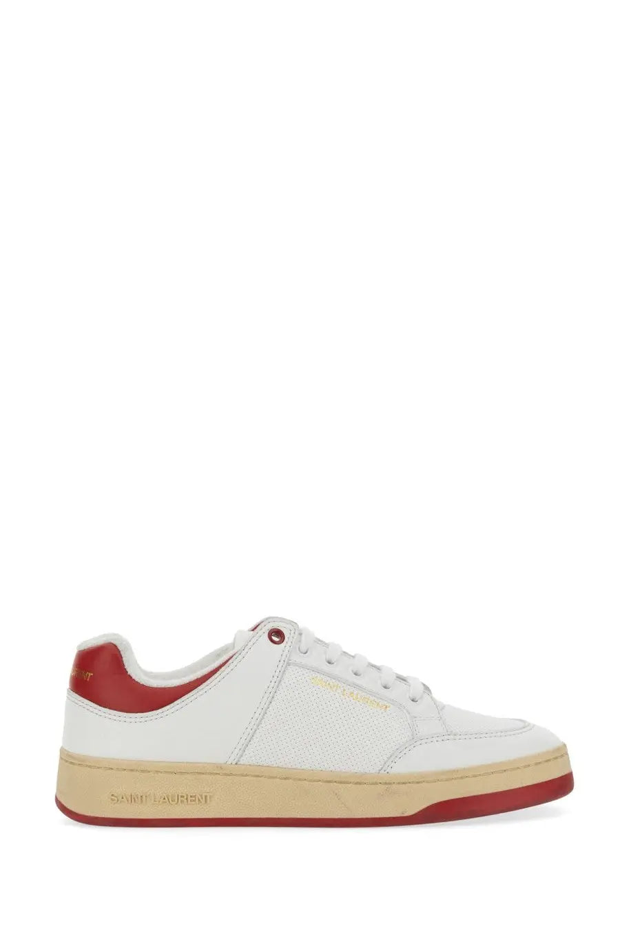 Saint Laurent men’s sneakers SL multicolor white leather sneaker with red accents and beige rubber sole minimalist design