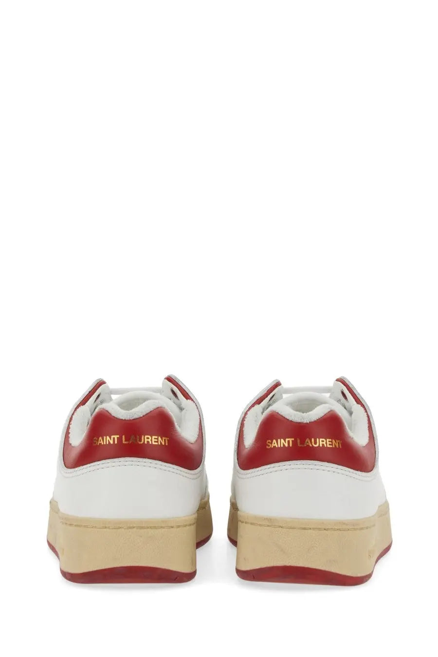 Back side of white and red Saint Laurent men’s sneakers sl multicolor with gold lettering on the heel