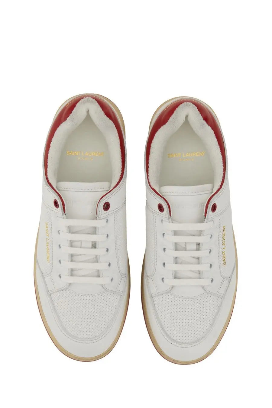 White saint laurent men’s sneakers sl multicolor with red accents and gold branding on smooth leather