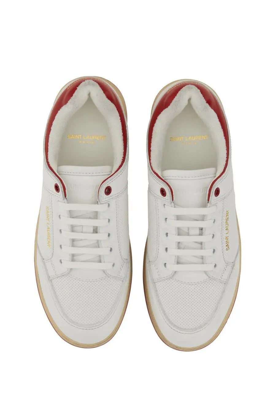 White saint laurent men’s sneakers with red accents and gold branding in leather for stylish casual wear