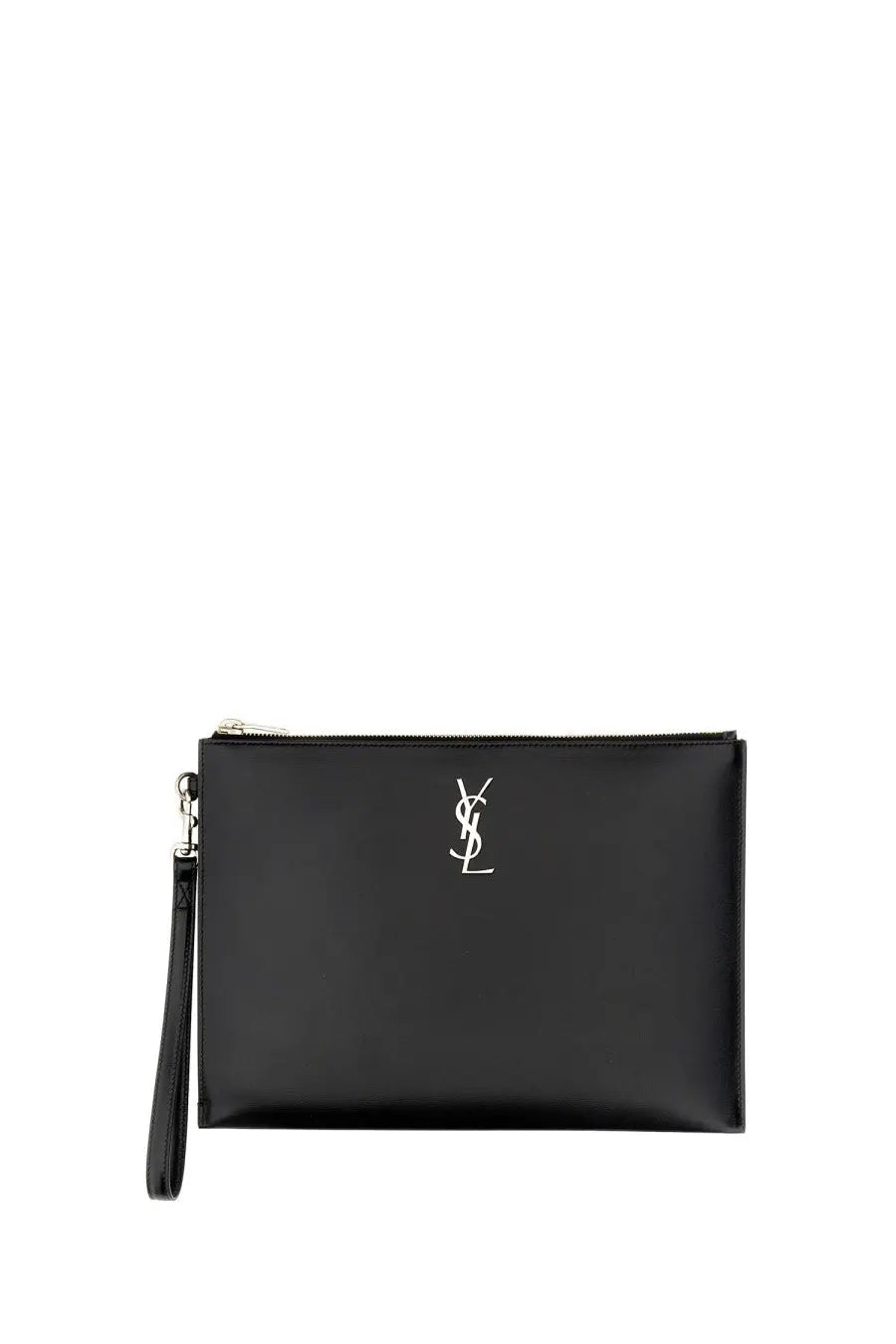 Saint Laurent men’s tablet case Cassandras in black featuring a glossy finish and silver YSL logo clutch style