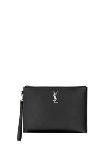 Saint Laurent men’s tablet case Cassandras in black featuring a glossy finish and silver YSL logo clutch style