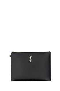 Saint Laurent men’s tablet case Cassandras black glossy clutch with silver logo and sleek leather finish