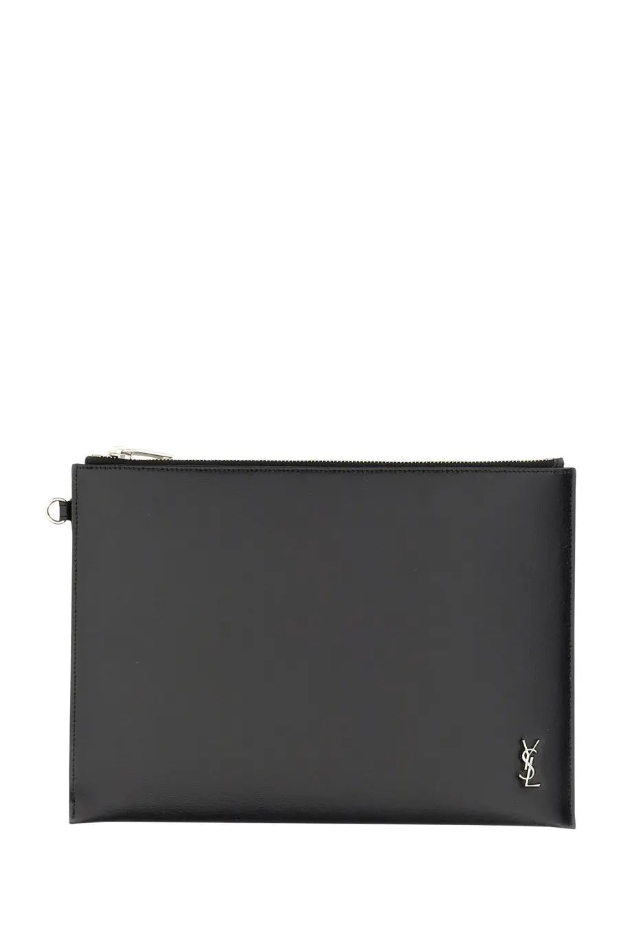 Saint Laurent men’s tablet holder tiny cassandras small black leather clutch with silver ysl logo and metallic zipper pull