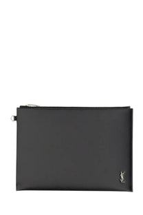 Saint Laurent men’s tablet holder tiny cassandras small black leather clutch with silver ysl logo and metallic zipper pull