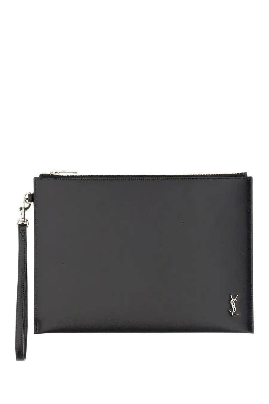 Saint Laurent men’s black leather tiny cassandras clutch with silver-tone ysl logo and zipper pull tablet holder