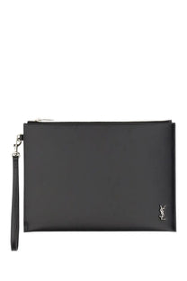 Saint Laurent men’s black leather tiny cassandras clutch with silver-tone ysl logo and zipper pull tablet holder