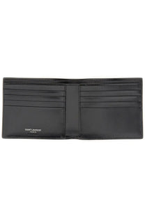 Saint Laurent men’s tiny Cassandre east west wallet in black smooth leather with bi-fold design and multiple card slots