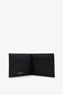 Saint Laurent men’s tiny hammered leather wallet black with textured surface multiple card slots and embossed logo