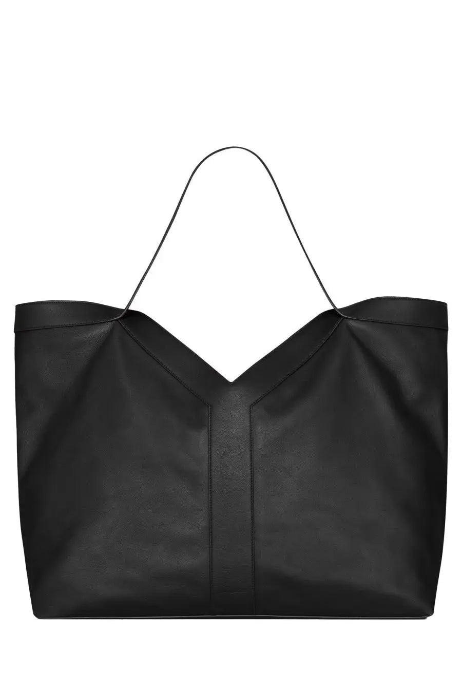 Saint Laurent men’s large tote bag in black leather with slender handles and a structured minimalist design