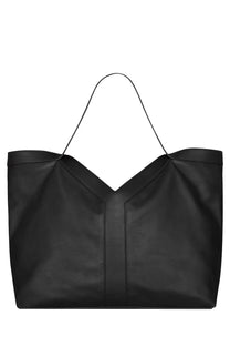 Saint Laurent men’s large tote bag in black leather with slender handles and a structured minimalist design
