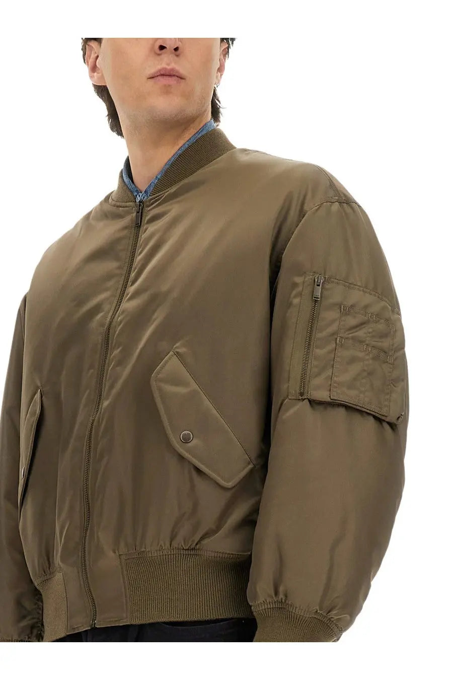 Saint laurent men’s olive green nylon bomber jacket with ribbed cuffs collar flap pockets and zippered sleeve pocket