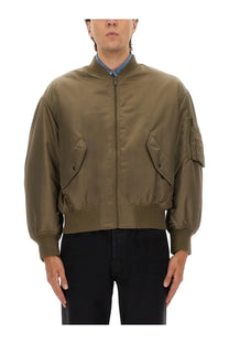 Saint Laurent men’s olive green bomber jacket with ribbed cuffs and waistband and two flap chest pockets