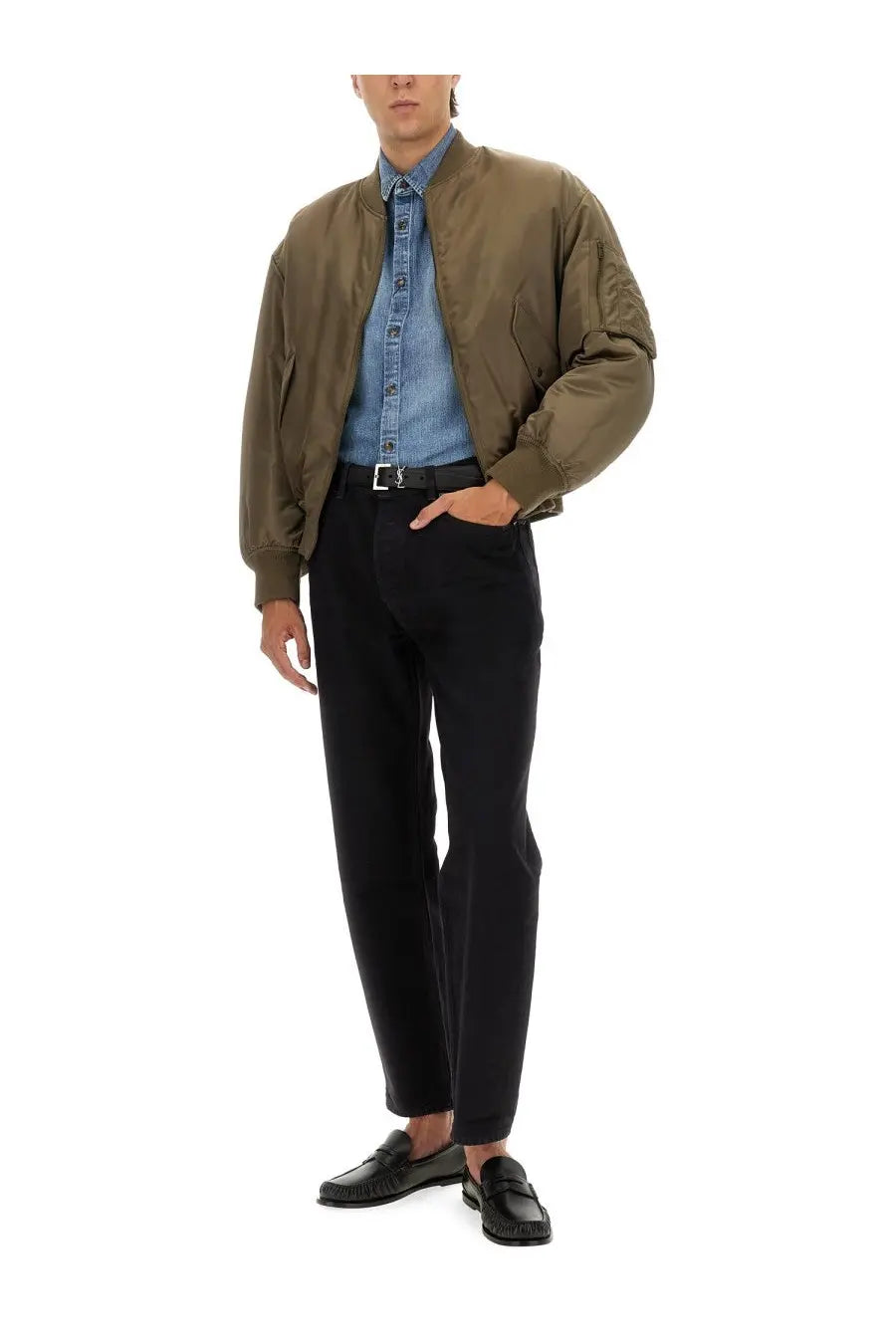 Saint Laurent men’s olive green water repellent bomber jacket with ribbed cuffs and waistband