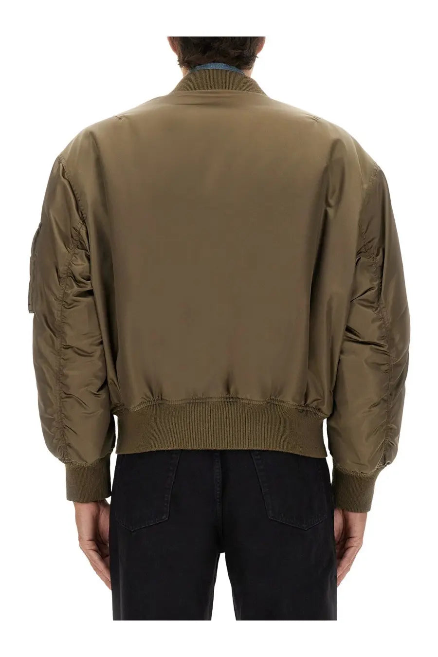 Saint Laurent men’s olive green bomber jacket with quilted sleeves ribbed cuffs and military-inspired design