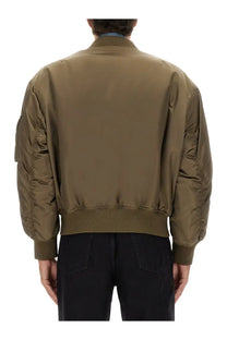 Saint Laurent men’s olive green bomber jacket with quilted sleeves ribbed cuffs and military-inspired design