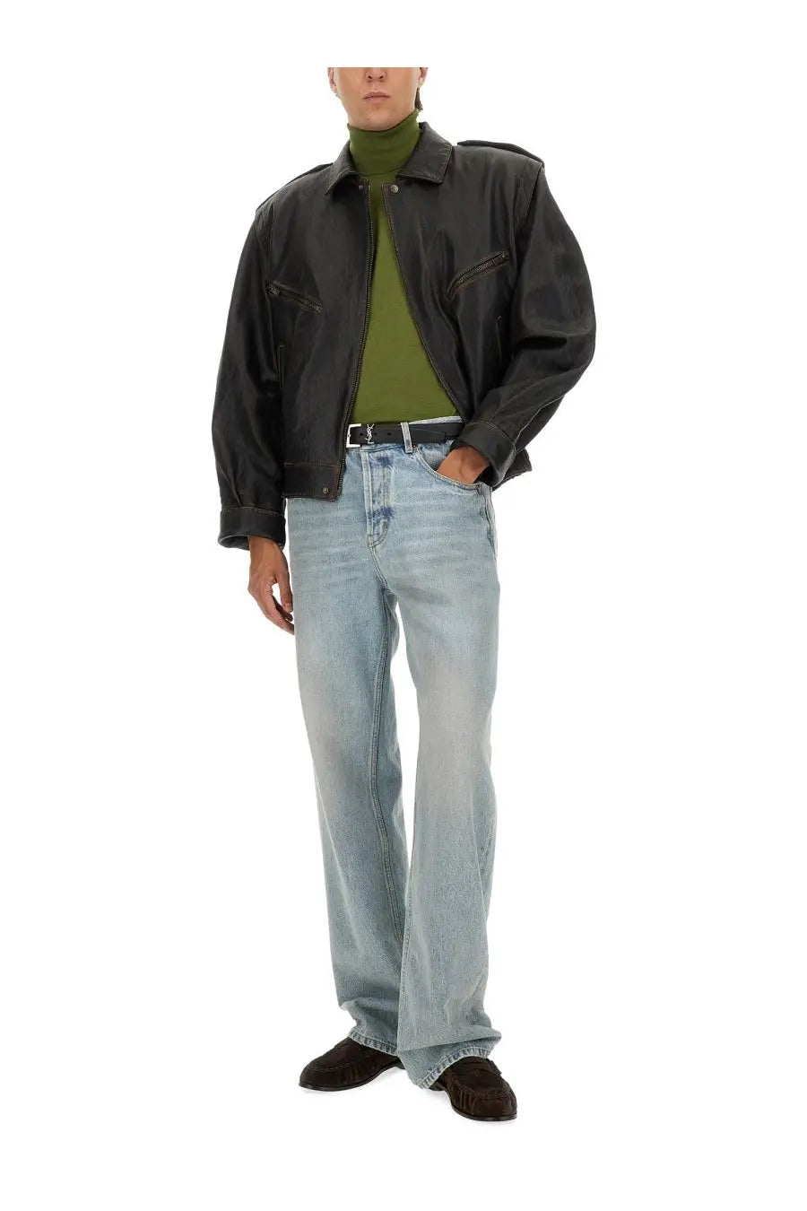 Black leather jacket with structured oversized fit and subtle stitching paired with saint laurent men’s wool silk green turtleneck