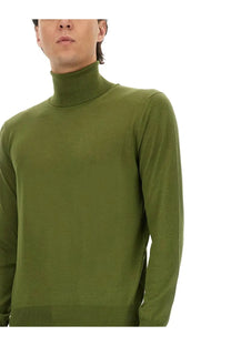 Saint laurent men’s wool and silk turtleneck sweater in olive green knit with high collar detail