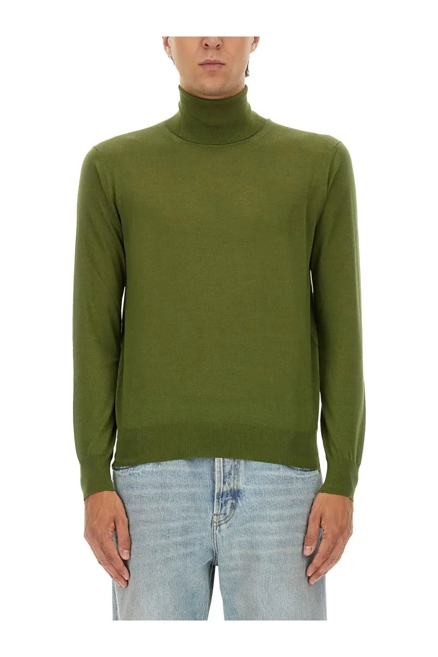 Saint laurent men’s wool and silk turtleneck sweater in olive green knit with high collar visible from front