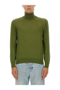 Saint laurent men’s wool and silk turtleneck sweater in olive green knit with high collar visible from front