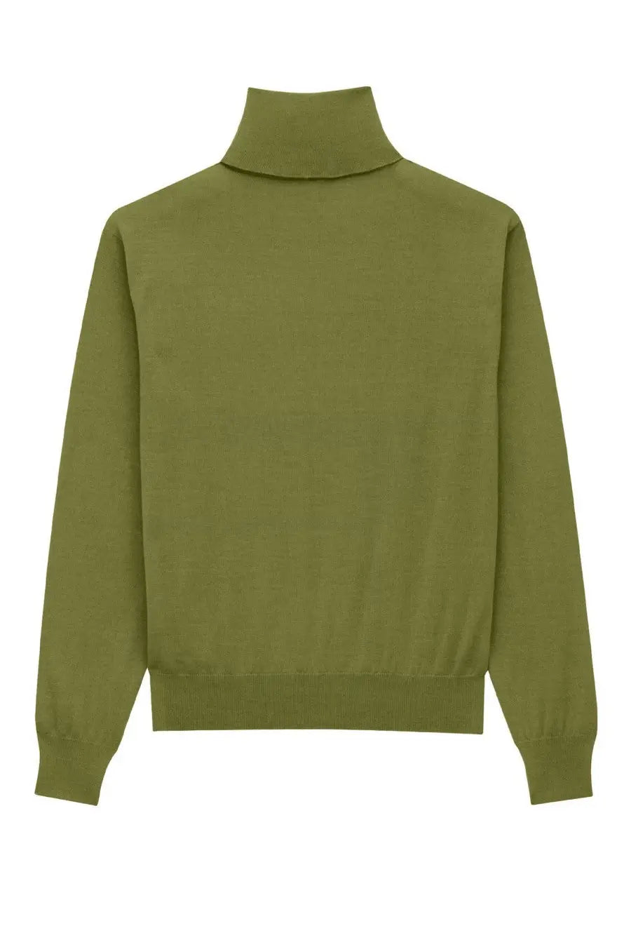 Saint Laurent men’s olive green wool and silk turtleneck sweater with smooth knit texture and ribbed cuffs