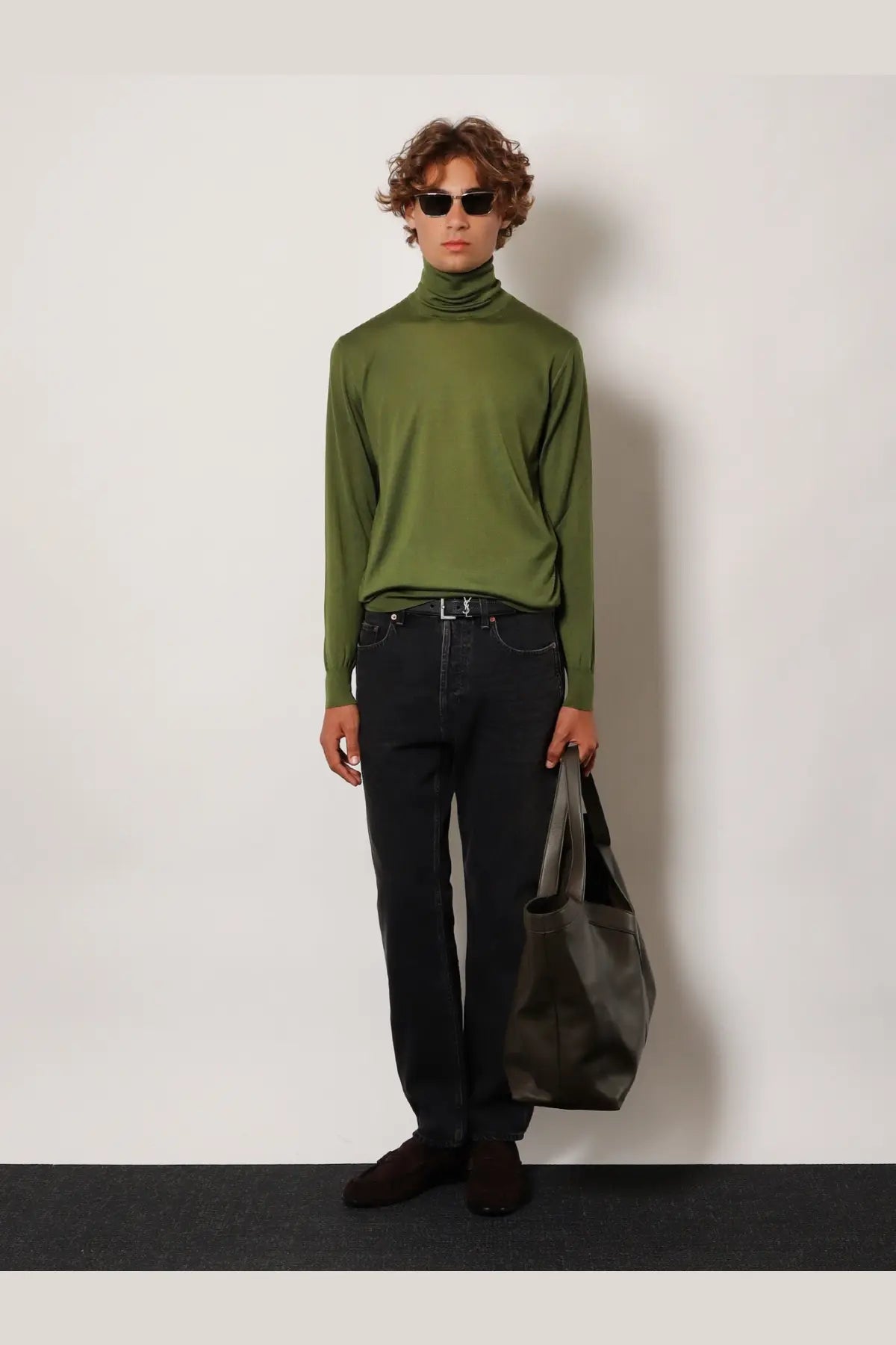 Olive green Saint Laurent men’s long-sleeved wool and silk turtleneck sweater perfect for stylish layering