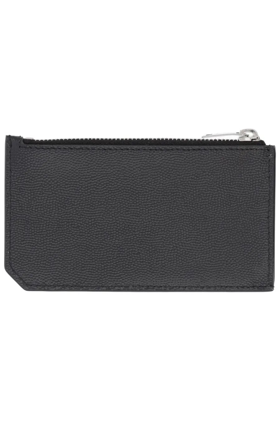 Saint Laurent men’s black zippered card holder in textured leather with silver toned zipper pull