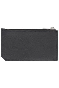 Saint Laurent men’s black zippered card holder in textured leather with silver toned zipper pull