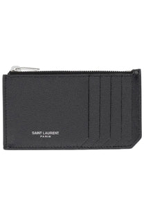 Saint Laurent men’s black textured leather card holder with silver zipper and Saint Laurent Paris branding