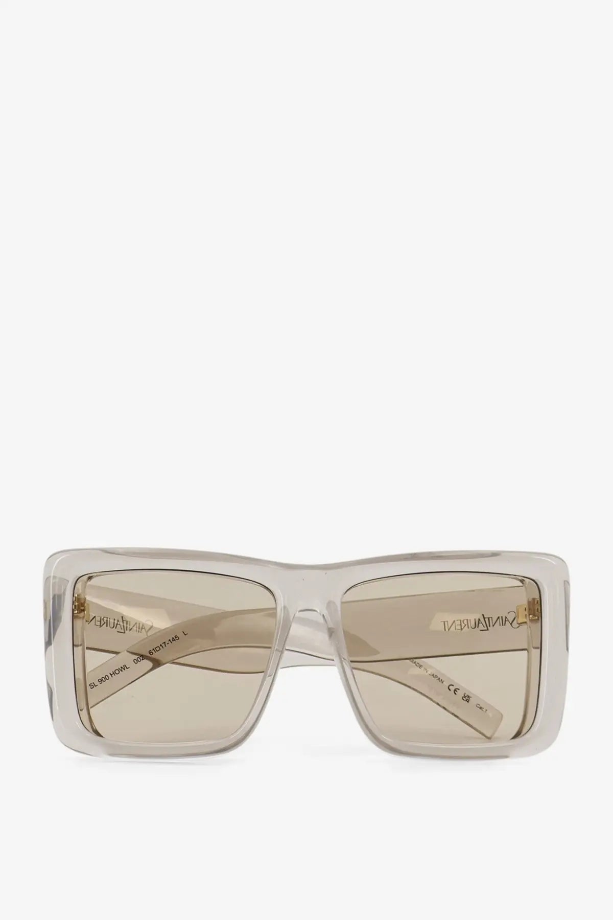 Saint Laurent women’s acetate sunglasses with clear rectangular frames beige tinted lenses and gold-tone branding on temples