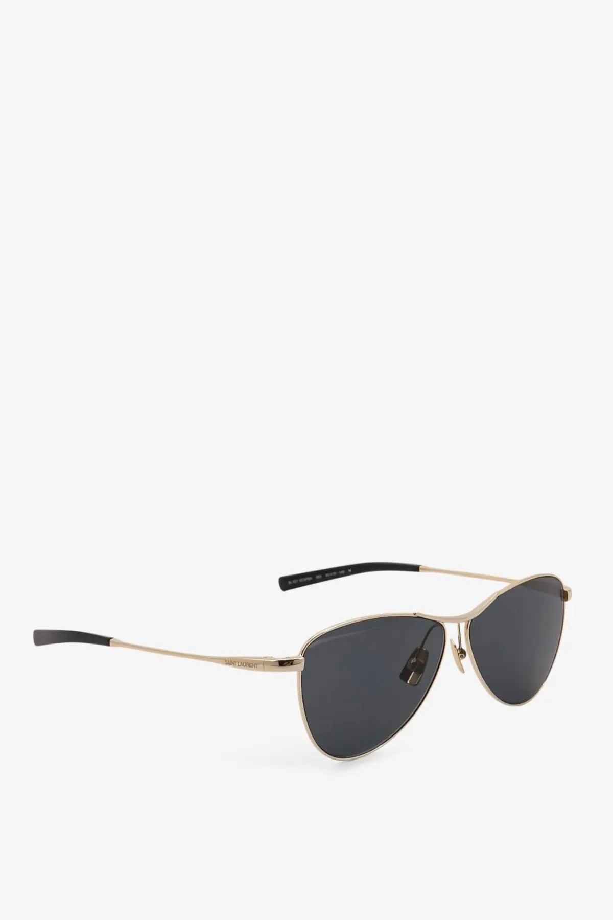 Saint Laurent women’s acetate sunglasses in black with gold-toned aviator frames and dark gray lenses with black tips