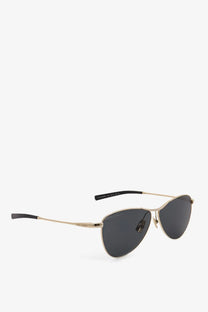 Saint Laurent women’s acetate sunglasses in black with gold-toned aviator frames and dark gray lenses with black tips
