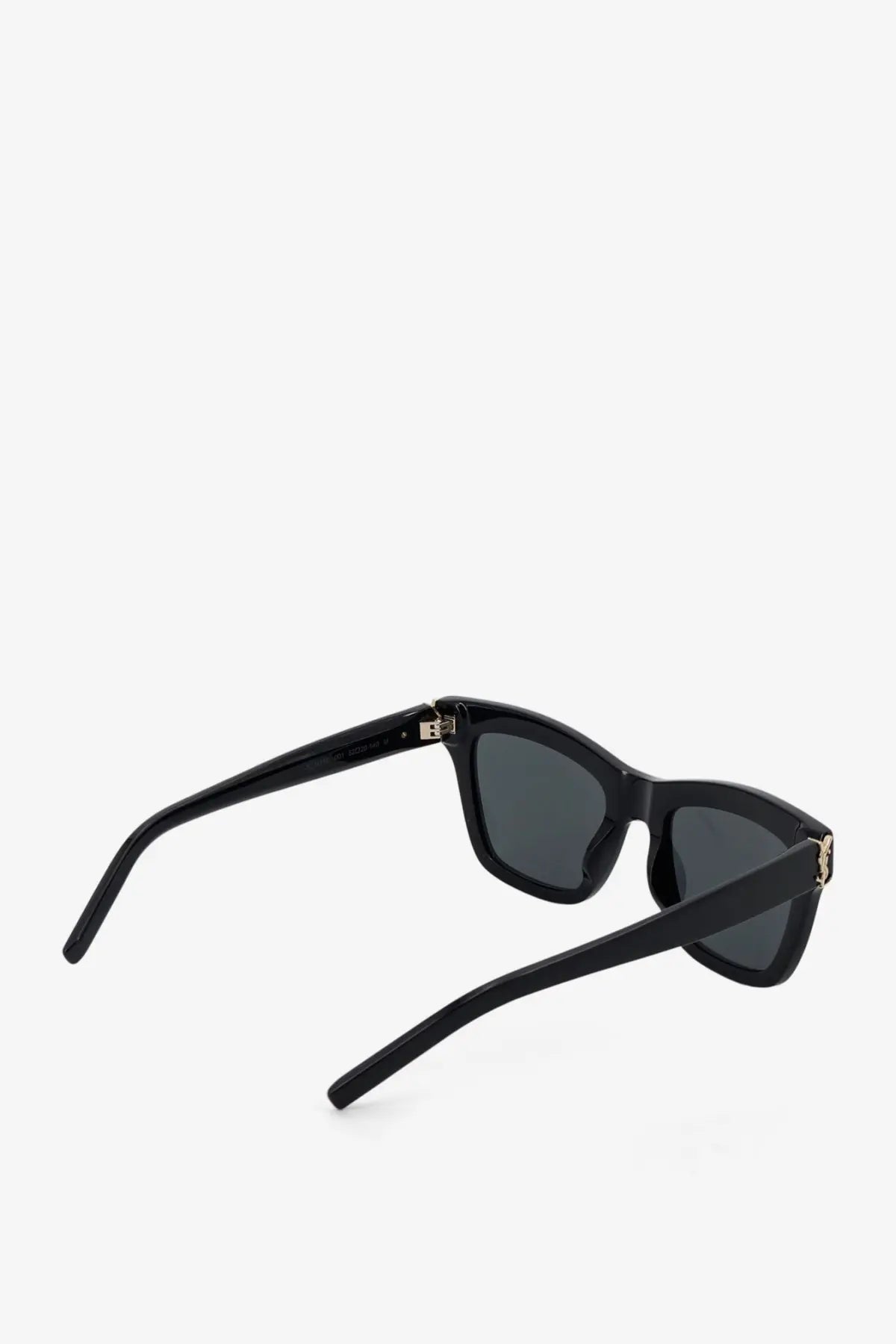 Saint Laurent women’s black rectangular acetate sunglasses with dark gray lenses and gold-tone metal temple accents