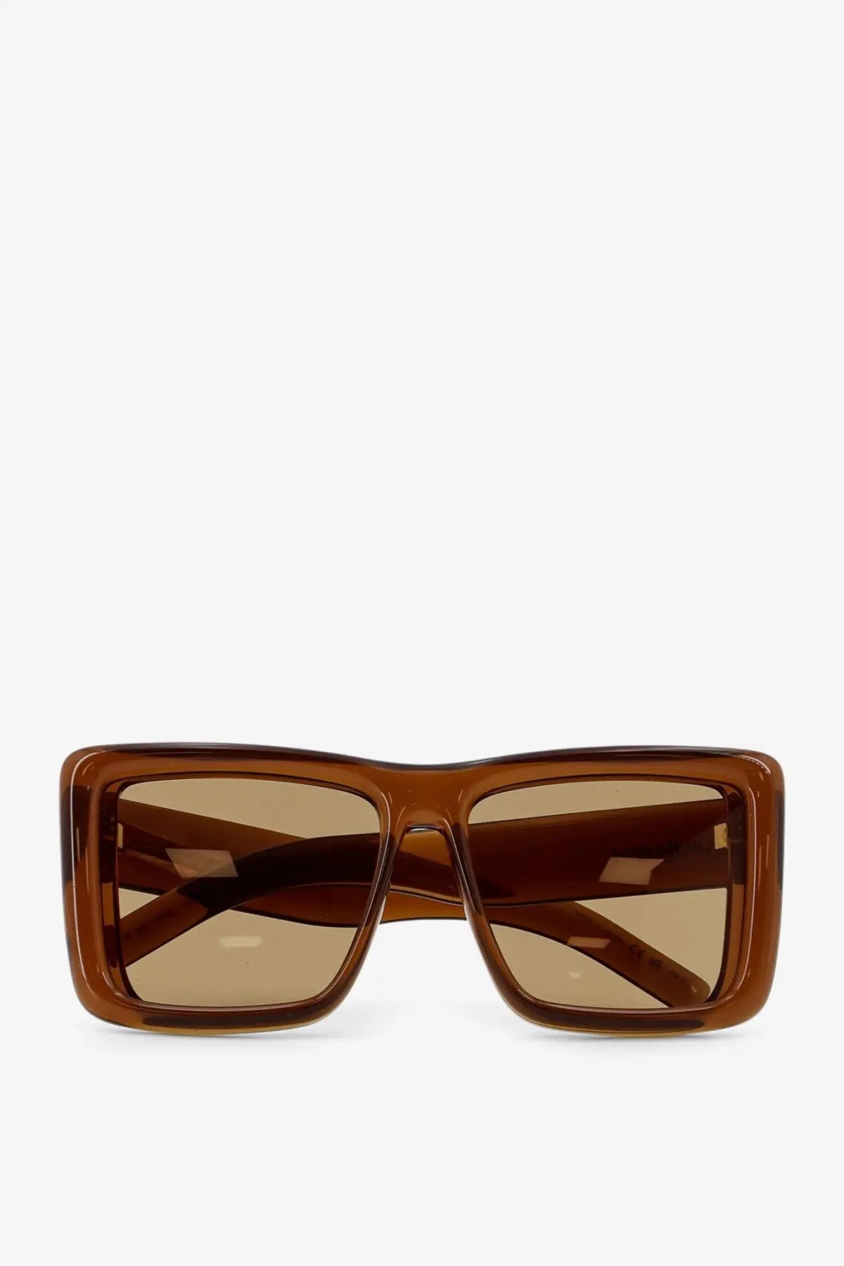 Saint Laurent women’s brown acetate sunglasses with a translucent rectangular frame and tinted lenses