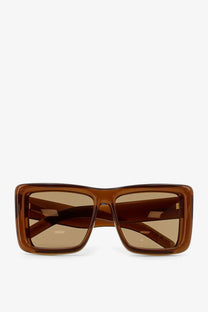 Saint Laurent women’s brown acetate sunglasses with a translucent rectangular frame and tinted lenses