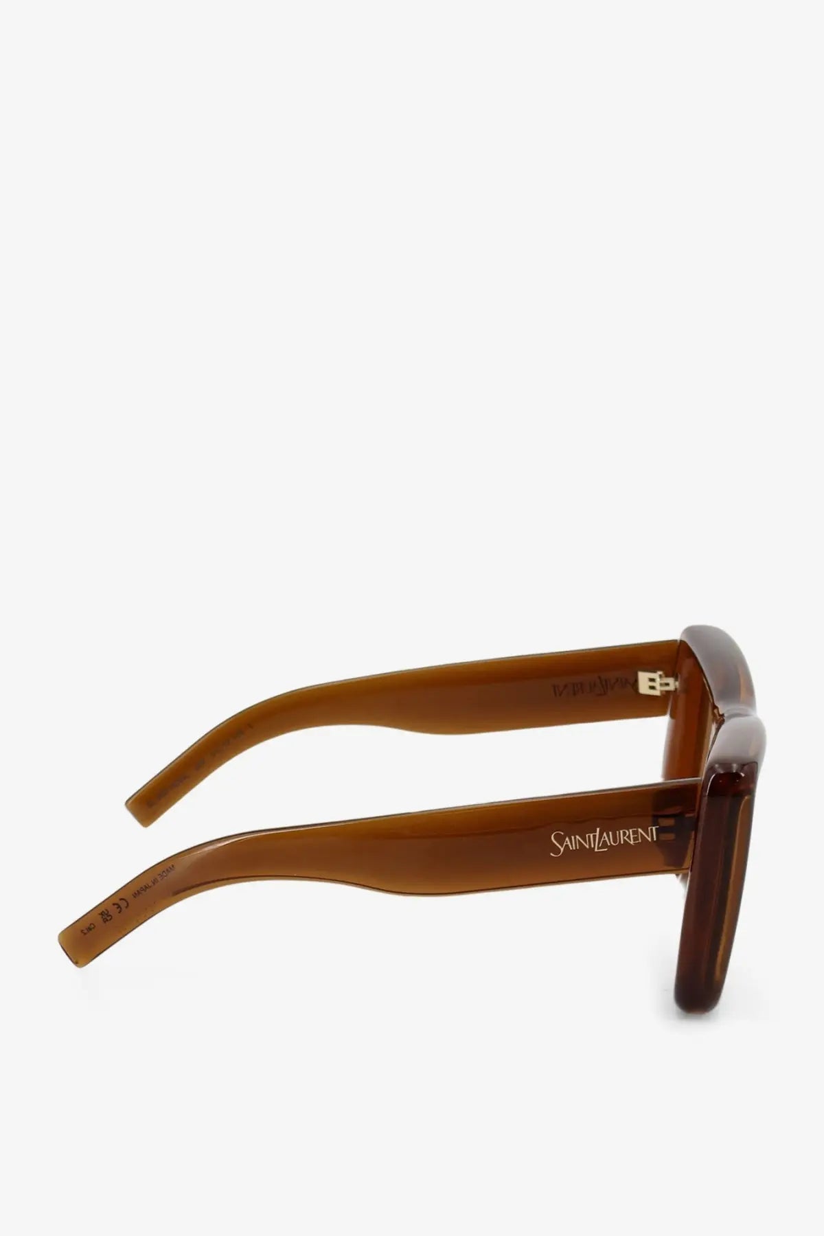 Saint Laurent women’s brown acetate sunglasses with a rectangular frame and logo engraved on the temple