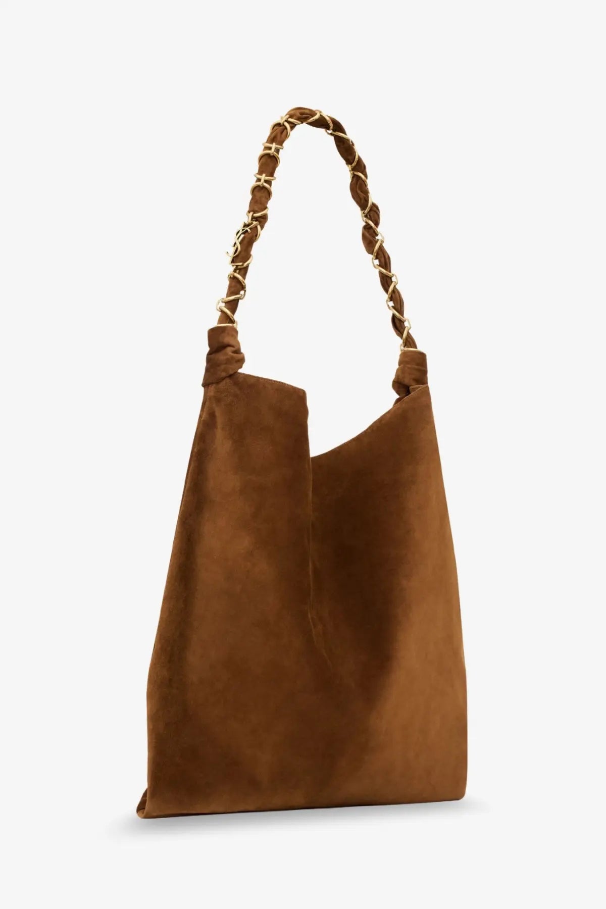 Saint Laurent women’s Amalia suede shoulder bag beige with brown suede body and braided leather handles