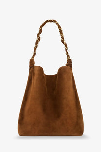 Saint Laurent women’s amalia suede shoulder bag beige with brown suede hobo design and braided gold-tone handles