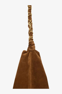 Saint Laurent women’s amalia beige suede shoulder bag with brown strap and gold-tone interwoven chain ysl logo detailing