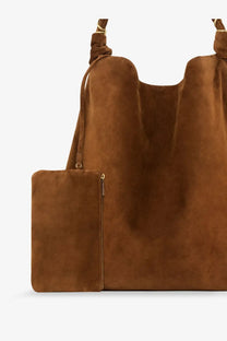 Saint Laurent women’s amalia suede shoulder bag beige with matching tan zippered pouch for stylish carrying