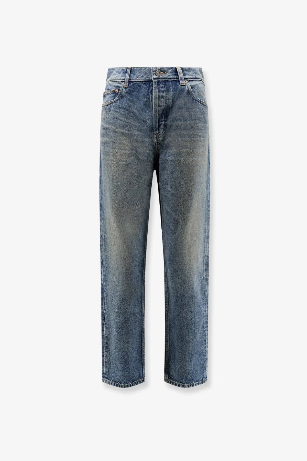 Saint Laurent women’s ankle midi blue denim jeans high-waisted straight-leg with faded wash and whiskering details