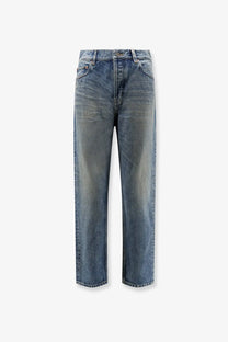 Saint Laurent women’s ankle midi blue denim jeans high-waisted straight-leg with faded wash and whiskering details