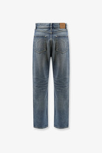 Saint Laurent women’s ankle midi blue denim jeans in medium wash with straight-leg cut and brown leather waistband patch
