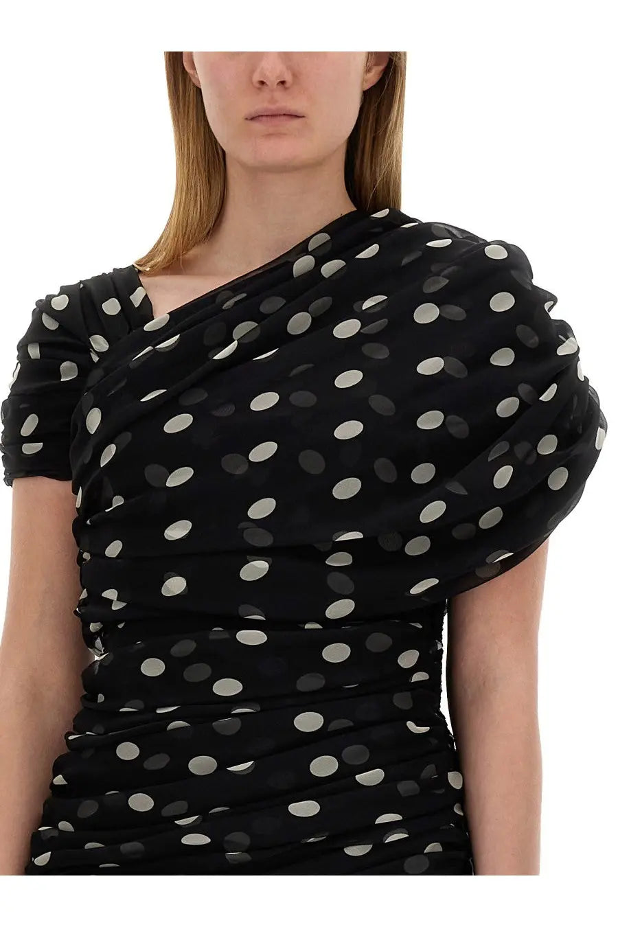 Saint Laurent women’s asymmetrical gathered black dress with ruched fabric and short sleeves