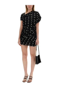 Saint Laurent women’s asymmetrical gathered black mini dress with ruched polka dots and short puff sleeves