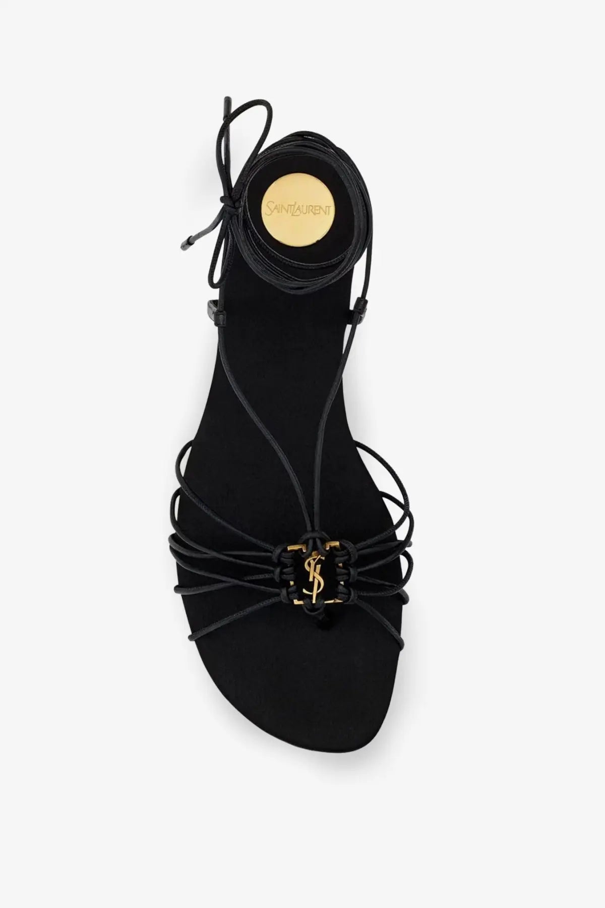 Saint Laurent women’s babylone black leather sandals with gold-tone ysl logo clasp and circular brand plaque