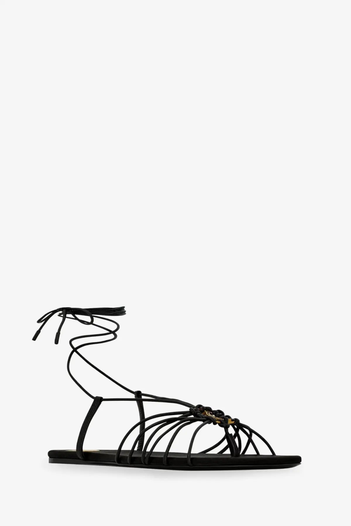 Saint Laurent women’s babylone black leather sandals with intricate crisscross lacing and small gold-tone buckle detail