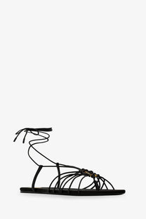 Saint Laurent women’s babylone black leather sandals with intricate crisscross lacing and small gold-tone buckle detail
