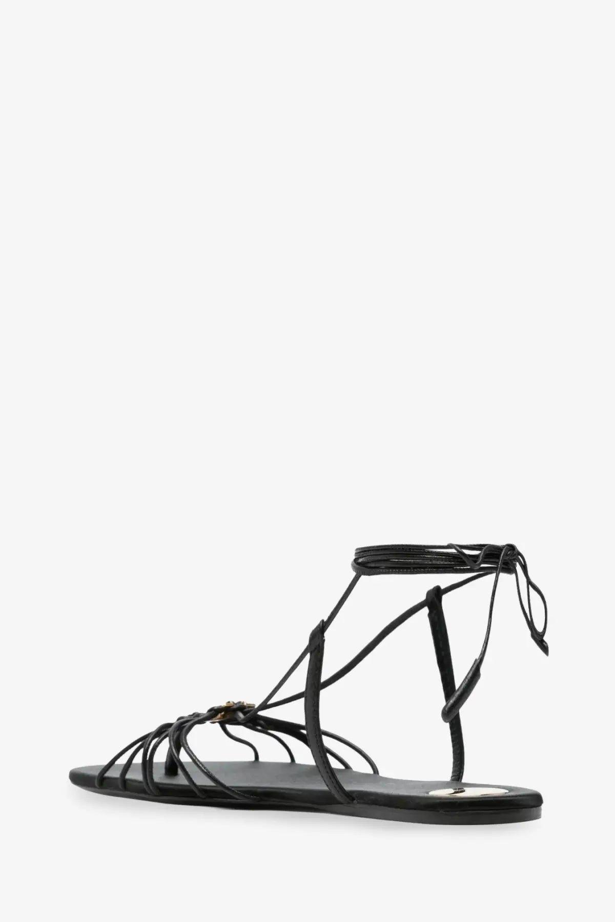 Saint Laurent women’s babylone black leather strappy sandal with decorative metallic clasp and adjustable ankle tie