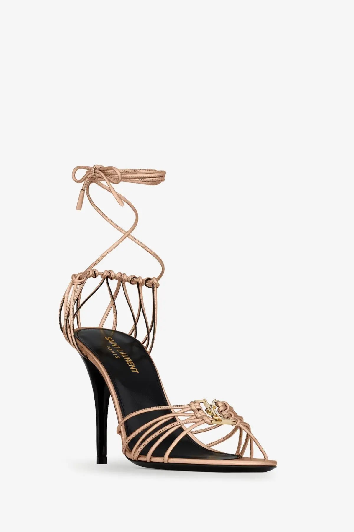 Saint Laurent women’s babylone rose gold satin strap sandals with high stiletto heel and metallic flower clasp